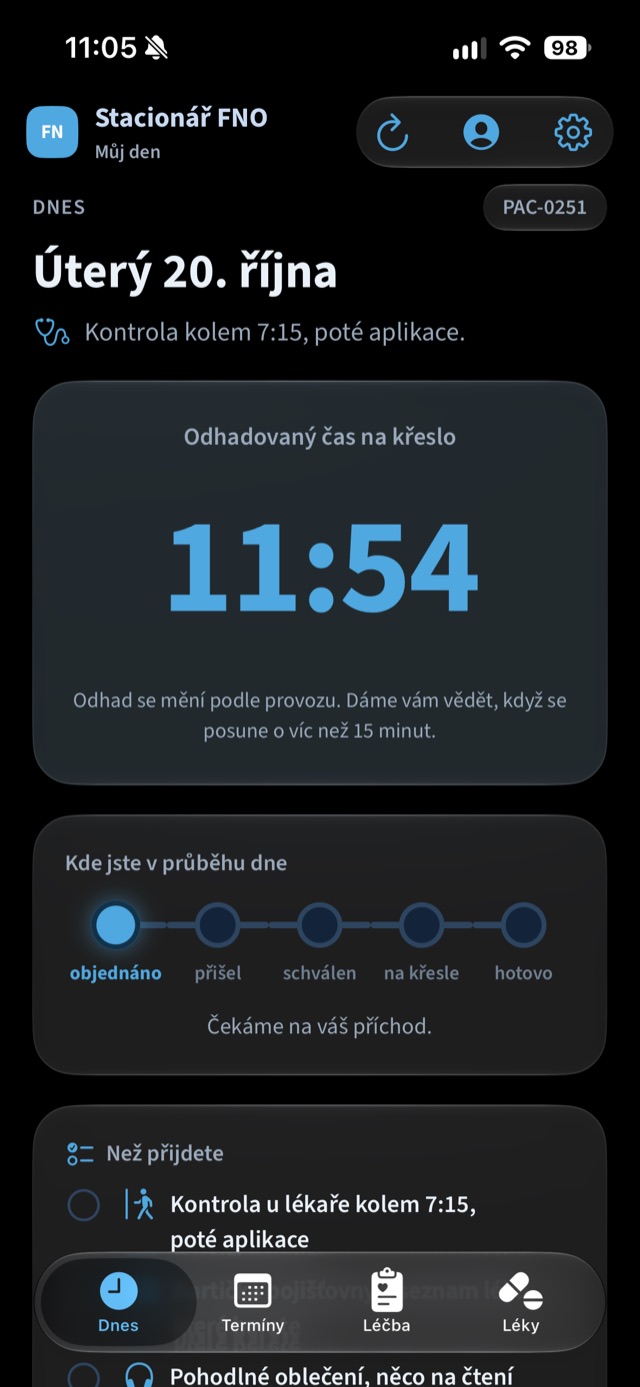 Aplikace pro pacienta: odhadovaný čas na křeslo 11:54